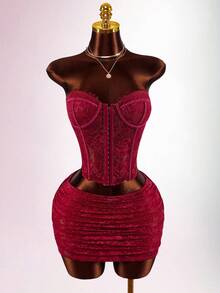Amplova Women's Fishbone Lace 2-Piece Sexy Crop Top And Mini Skirt Set, Fashionable Outfit Suitable For Valentine's Day Date, Revealing Bandeau Top - Burgundy - View 5