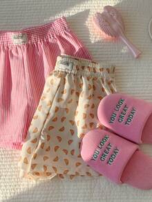 CovetEZ 2 Pcs Women's Elastic Waist Striped Print Patch Casual Versatile Shorts Sleepwear Shorts Croissant Print Shorts Striped Shorts Pajama Shorts Cute Shorts Comfortable And Sweet Shorts For Casual Wear At Home; Loose Fit; Stylish And Versatile. - Multicolor - View 4