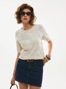 Poéselle 奶油色3D立体花卉针织上衣 - 短袖刺绣毛衣，轻松打造春日造型，女士休闲印花短袖针织上衣，适合日常通勤和度假穿着 - 杏色 - 查看 5