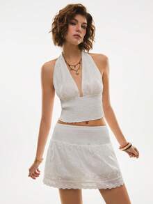 Poéselle 2pcs Embroidered Halter Backless Top And Mini Skirt Set,White Embroidered Two Piece Set For Women, Halter Crop Top And Mini Skirt, Hollow Out Lace Summer Co-Ord Outfit - White - View 7