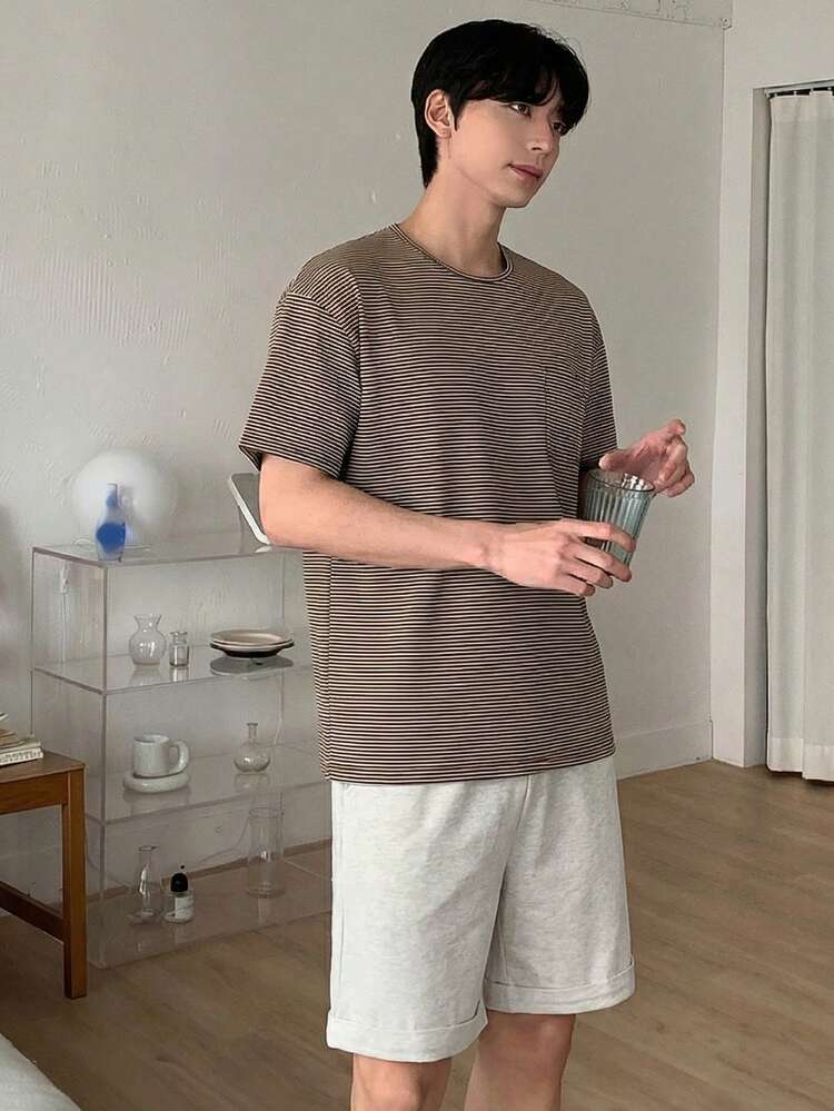 Men's Striped Short Sleeve T-Shirt And Shorts Pajama Set, Summer