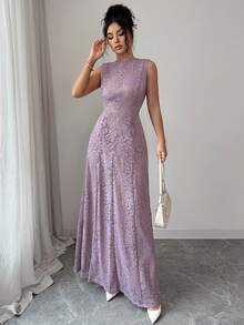 SHEIN Elenzya 女士无袖长连衣裙，性感蕾丝钩编时尚开衩修身连衣裙，法式复古优雅正式礼服，适合夏季日常通勤、派对、宴会和假日场合 - 紫色 - 查看 3