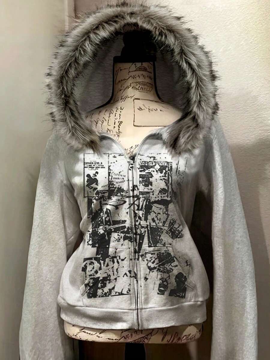 Glimmora 女士休闲印花毛领卫衣，秋冬季 - 彩色 - 查看 1