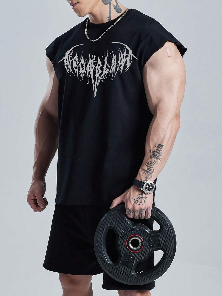 GymBeat Men's Gothic Print Round Neck Cap Sleeve Sports T-Shirt - Black - View 1