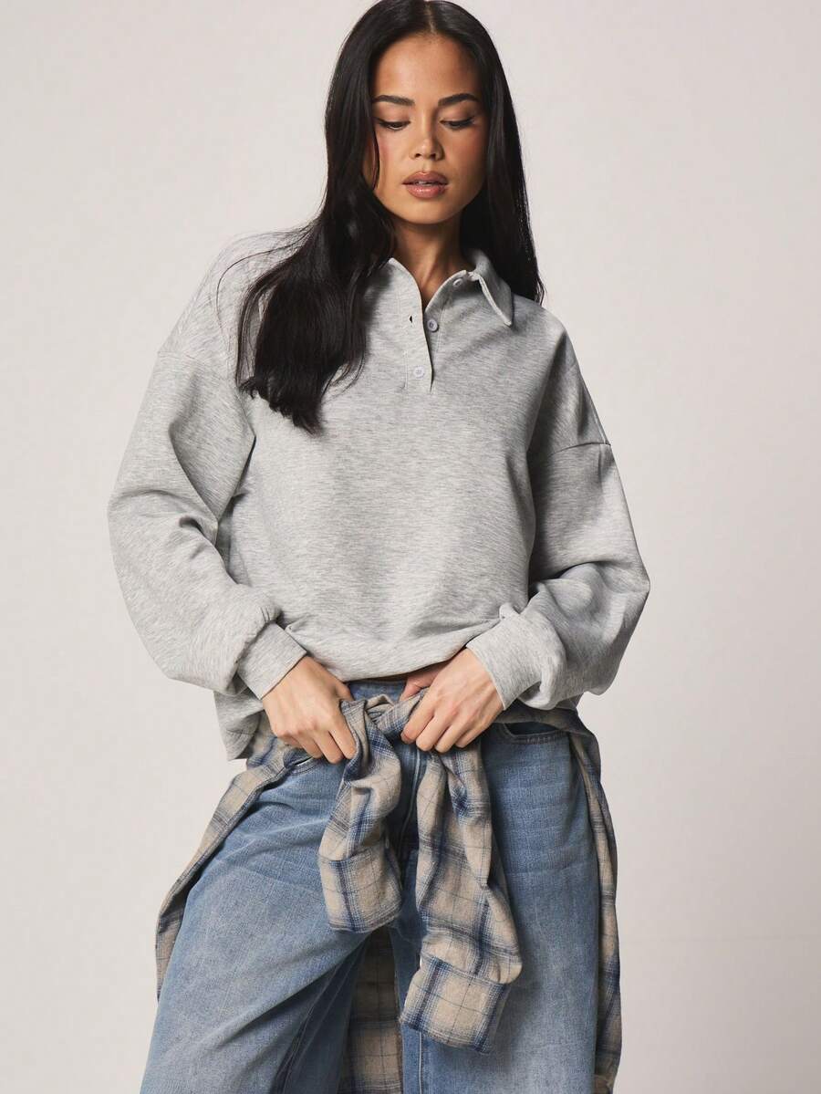 MISSGUIDED Polo Collar Sweatshirt Long Sleeve Pullover Button Placket Casual Top - Light Grey - View 1