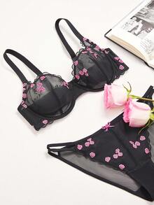 LUVLETTE 情人节玫瑰刺绣优雅内衣透气半罩杯性感无衬垫花卉蕾丝薄纱黑色网纱文胸浪漫礼物文胸 - 黑色 - 查看 9