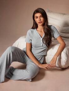 Lazeform Women's Loose Fit Slimming Short Sleeve Wide Leg Pants Casual 2 Pieces Set, Suitable For Outdoor Wear In Summer - Light Grey - View 6