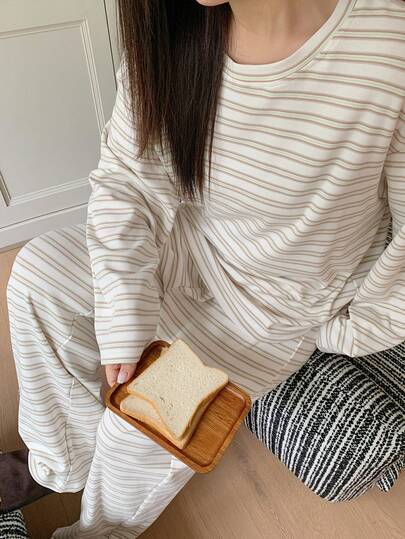 Dazy Plus 2pcs Casual Striped Loose Fit Sleepwear Set - Long Top And Pants, Spring/Summer/Autumn