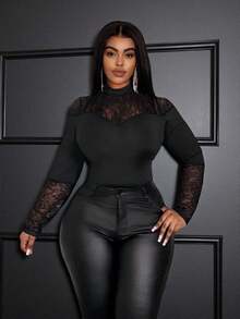 Slaydiva 新款/复活节/西部风/节日/新年/情人节性感/街头风女装/辣妹风情人节透视大码连体衣网纱蕾丝拼接牛奶丝连体衣 - 黑色 - 黑色 - 查看 4