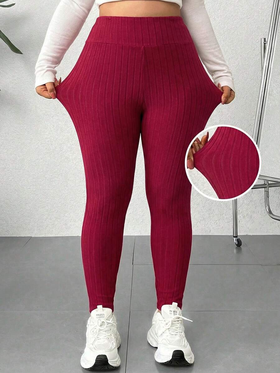 SHEIN EZwear 大码女式纯色罗纹休闲打底裤 - 紅色 - 查看 1