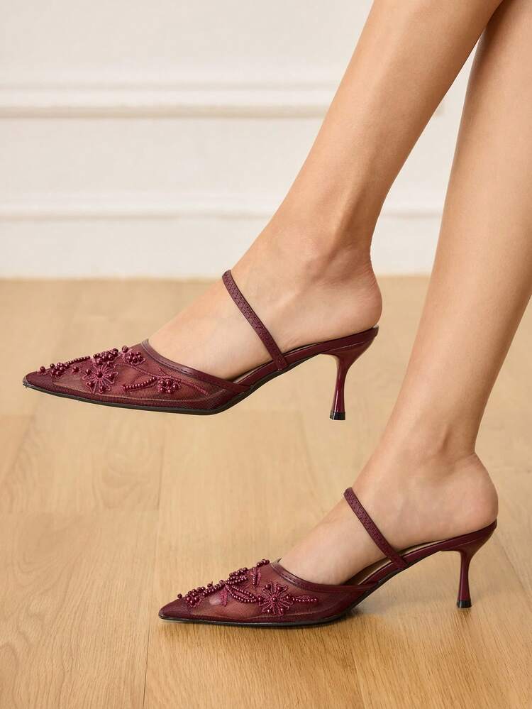 CUCCOO HITCHD Women's Elegant Pointy Toe Slingback High Heels With Beaded Mesh, Romantic Lace Design, Black Color, Suitable For Weddings, Parties, Formal Occasions Valentine's Day Elegant Shoes Wedding Shoes Summer Shoes Bride Shoes