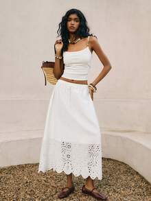 Poéselle Women's Casual White Long Flared Skirt With Scallop Eyelet And Plant Pattern Detail In Woven Fabric - White - View 2