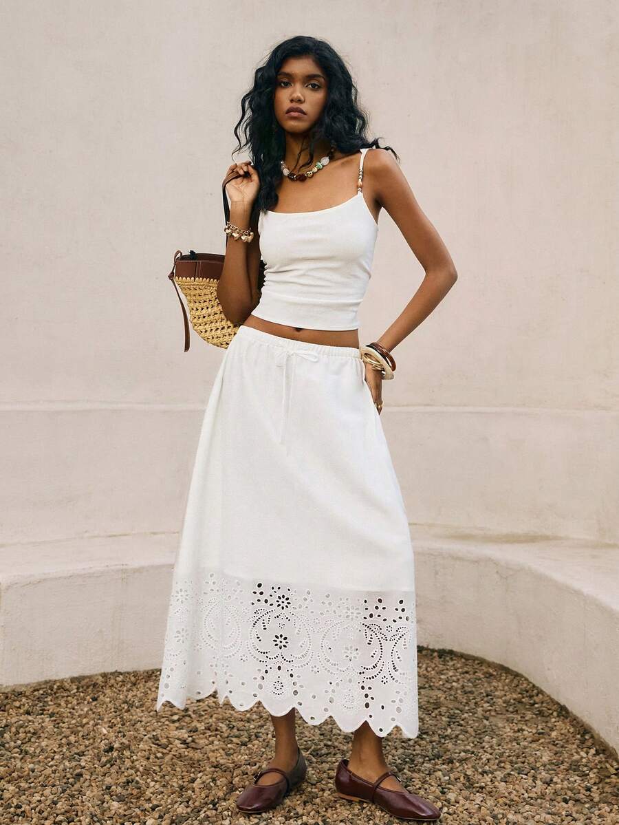 Poéselle Women's Casual White Long Flared Skirt With Scallop Eyelet And Plant Pattern Detail In Woven Fabric