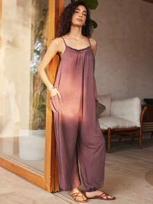 波西米亚风度假宽松舒适柔软褶皱弹力腰露背系带针织休闲口袋连体裤（女款） - 紅木色 - 查看 1