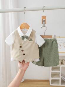 SHEIN 3pcs Set Includes White Shirt, Vest, Elastic Waist Shorts, Bow Tie, Short Sleeve Shirt Outfit, Suitable For Birthday Party, Rave, Evening Party, Performance, Wedding, Baby Shower, Christening, 1st Birthday Celebration, Wedding Guest, Baby Boy - Multicolor - View 3
