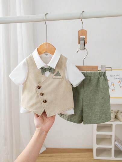 SHEIN 3pcs Set Includes White Shirt, Vest, Elastic Waist Shorts, Bow Tie, Short Sleeve Shirt Outfit, Suitable For Birthday Party, Rave, Evening Party, Performance, Wedding, Baby Shower, Christening, 1st Birthday Celebration, Wedding Guest, Baby Boy