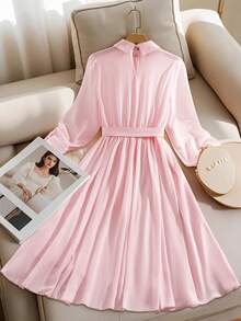 GlowEve Light Pink Collared Waist-Cinched Pleated Hem Long Sleeve Chiffon Dress - Baby Pink - View 2