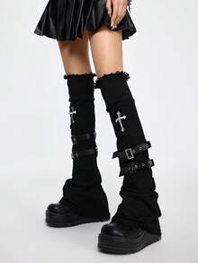 ROMWE 1 Pair Gothic Cross Print Rivet Strap Over-The-Knee Leg Warmers, Punk Rock Style Leg Warmers For Women, Suitable For Daily, School, Date, Party, Shopping And Other Occasions - Black - View 4