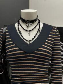 StreetHx 女士时尚条纹V领长袖休闲短裙 - 彩色 - 查看 4