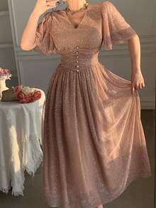 DAZY 女士优雅亮片V领荷叶袖抽绳连衣裙，夏季婚礼宾客礼服闪亮长裙吊带裙 - 金色 - 查看 6