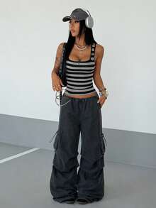 StreetHx Women's Sleeveless Crop Top, Streetwear Y2K Baddie Striped Fitted Eyelet Tank Top, Spring/Summer - Black and White - View 2