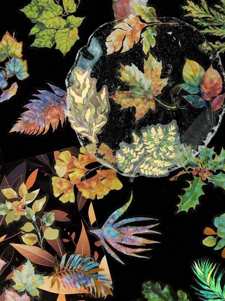 30张/套 3D金箔宠物激光贴纸，树叶和植物图案，防水贴纸，ins风，装饰 - 彩色 - 查看 1