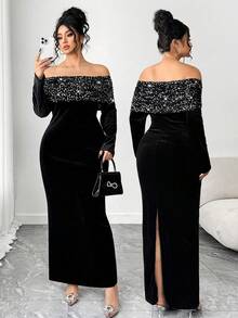 Elenzga Váy maxi dài tay trễ vai bằng nhung đen đính sequin cỡ lớn dành cho nữ, váy dài tay trễ vai bằng nhung đính sequin vá, kiểu dáng cổ điển thanh lịch quyến rũ, kết hợp gợi cảm và thanh lịch, phù hợp cho dạ tiệc, tiệc trang trọng, lựa chọn của Nữ hoàng tiệc tùng - màu đen - Xem 9