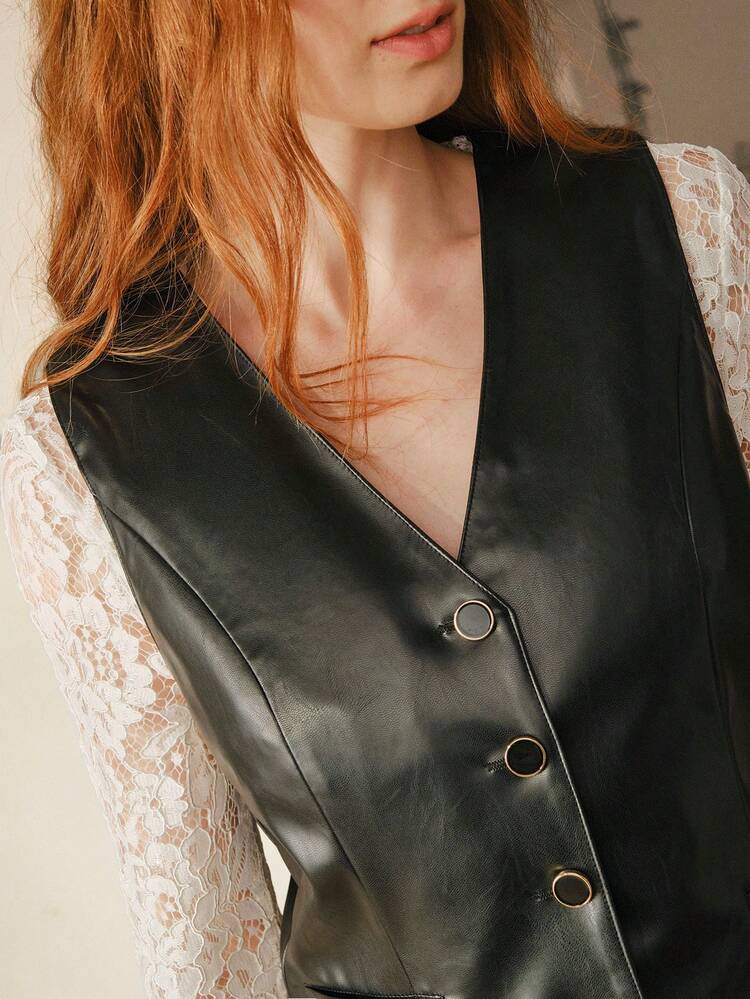 PU LEATHER V-NECK BUTTON PLACKET TANK TOP