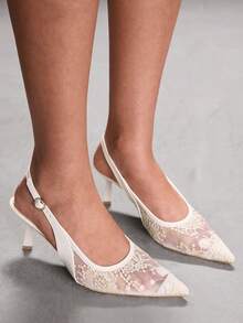 CUCCOO SZL Giày cao gót mũi nhọn dành cho nữ, trang trí dây xích kim loại, phần trên bằng lưới, lớp lót màu đỏ quyến rũ, thiết kế hở gót thanh lịch, sandal gót bất đối xứng. - Chantilly - Xem 9