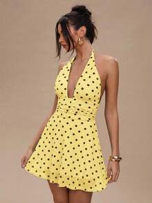 SHEIN BAE Women's Summer Polka Dot Print Ruched Halter Mini Dress - Yellow - View 6