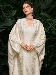 Al Najma Women's Spring/Summer Woven Leopard Print Jacquard Rhinestone Collar Tie Elegant Turkish Maxi Dress & Arabic Traditional Abaya - Apricot - View 5