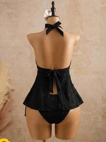 Bellisia Women's Relaxed Vacation Polka Dot Textured Fabric Camisole Bikini Top - Black - View 2