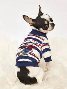 PETSIN 1 Printed Skateboard Bear Letter Flannel Sweatshirt, Thick And Warm For Pets In Autumn And Winter, Blue, White, And Red