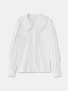 白色衬衫，双刺绣领口，褶裥细节和蕾丝饰边，时尚优雅，适合春夏办公室穿着，尽显女性优雅法式风情。 - 白色 - 查看 8