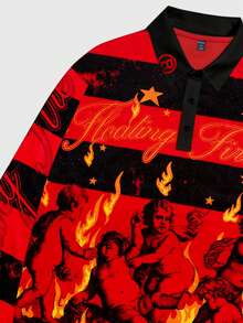 ROMWE MEN Street Life 男士街头印花条纹长袖Polo衫，秋冬款 - 紅色 - 查看 5