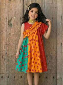 SHEIN Young Girl Floral Print Asymmetrical Ruffle Dress, Red Summer Matching Family Vacation Holiday Islamic Gift, Young Girls Casual Modest Jalabiya - Red - View 11