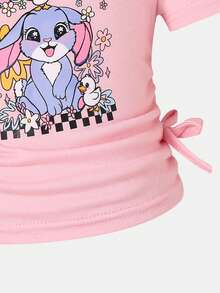SHEIN 2pcs/Set Young Girls Light Pink Summer Cartoon Rabbit Print Short Sleeve Tee Top With Drawstring Sides And Graphic Flare Pants,Kids Fashionable Set - Pink - View 8