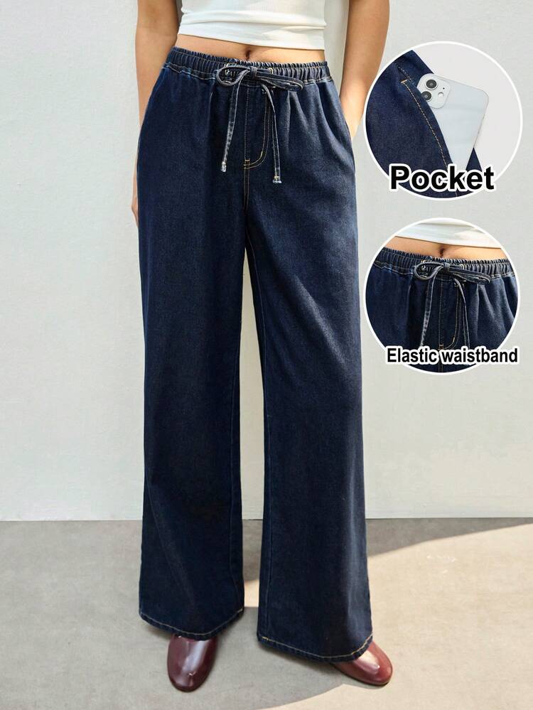 SHEIN Maija Calça Denim Crua de Perna Larga, Cintura Baixa, Cinto Elástico Confortável com Bolsos, Primavera