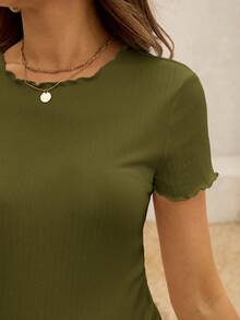 SHEIN Maternity Ribbed Lettuce-Edge Form-Fitting Short Sleeve Top - Army Green - View 3