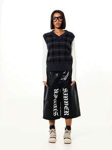 SUMWON WOMEN Oversized tonaler karierter gestrickter Pullunder mit V-Ausschnitt und geripptem Saum für Herbst-Winter-Layering - Schwarz - Übersicht 5