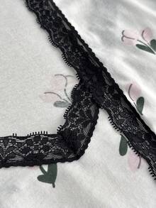 EURMUSE 3pcs Cotton Women Contrast Colour HEART&FLORAL Pattern With Lace Detail Belted Homewear Comfort Lounge Set - White - View 4