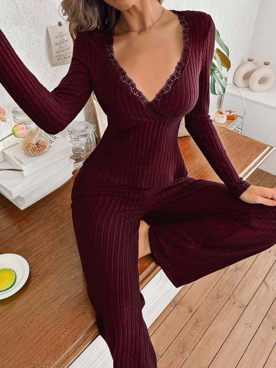 SHEIN 女士性感纯色蕾丝领长袖上衣和裤子，罗纹柔软舒适睡衣套装，酒红色睡衣套装，秋冬服装 - 酒紅色 - 查看 1