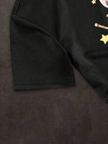SHEIN 两件套青少年男童休闲卡通图案圆领短袖T恤和运动裤套装 - 黑色 - 查看 3