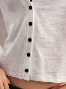 Easelle Casual Slim Fit White Cotton Women's T-Shirt With Front Buttons, White, Spring/Summer, Versatile, Retro, Casual - White - View 7