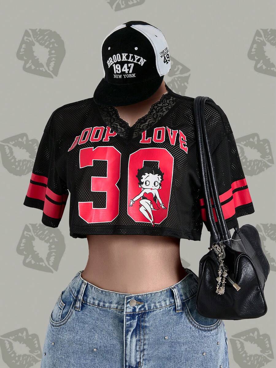 Betty Boop x SHEIN Women's Casual Fashion Street Cartoon Number & Letter Graphic Lace Patchwork V-Neck Mesh Breathable Cropped T-Shirt, Summer - Black - View 1