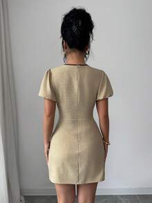 Gloray Vestido mini de mujer con cuello redondo, mangas abullonadas y nudo delantero - Caqui - Ver 2