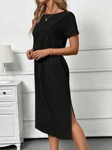 SHEIN Clasi Apricot Vacation Round Neck Short Sleeve Fitted Mid-Length Dress For Women, Suitable For Summer Casual, Holiday, Daily Commute - Black - View 5
