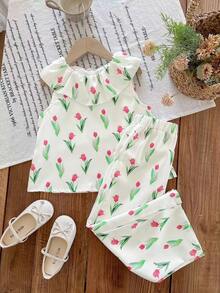 LMoss Kids LMoss   Young Girl Floral Print Ruffle Hem Top And Pants Cute Set - Multicolor - View 6