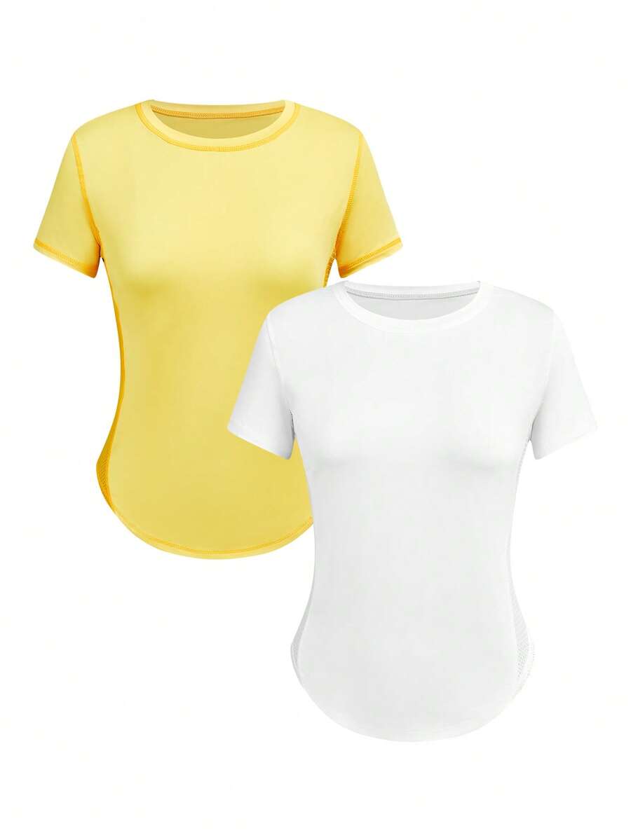 SHEIN Velisys Solid Color Round Neck Asymmetric Hem Fitted Short Sleeve Sports T-Shirt - Multicolor - View 1