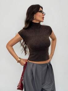 SHEIN Tall 女士秋冬短袖高领修身薄款抓绒针织衫，春夏皆宜 - 咖啡棕 - 查看 7